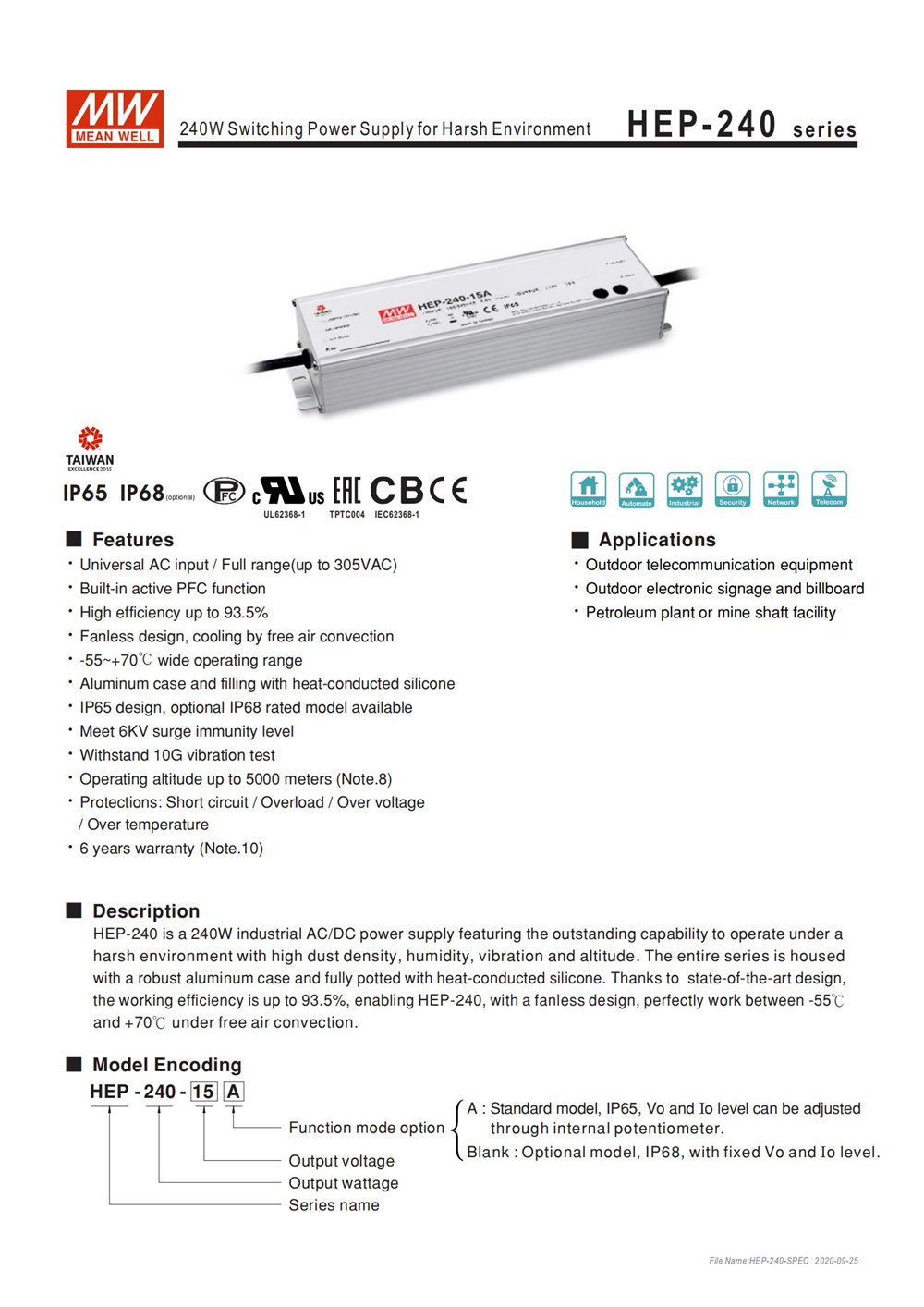 MEAN WELL HEP-240-12A, High Ef - огляд і ціна Outdoor Power Supply 12V